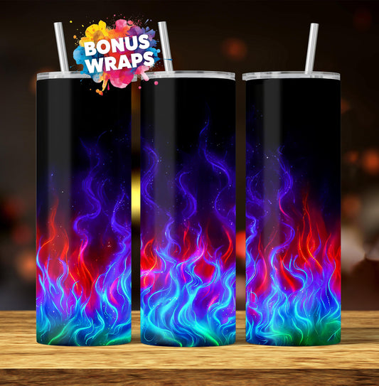 Neon Rainbow Fire Flames 20oz Skinny Tumbler Seamless Sublimation Design Templates,Straight PNG Digital Download