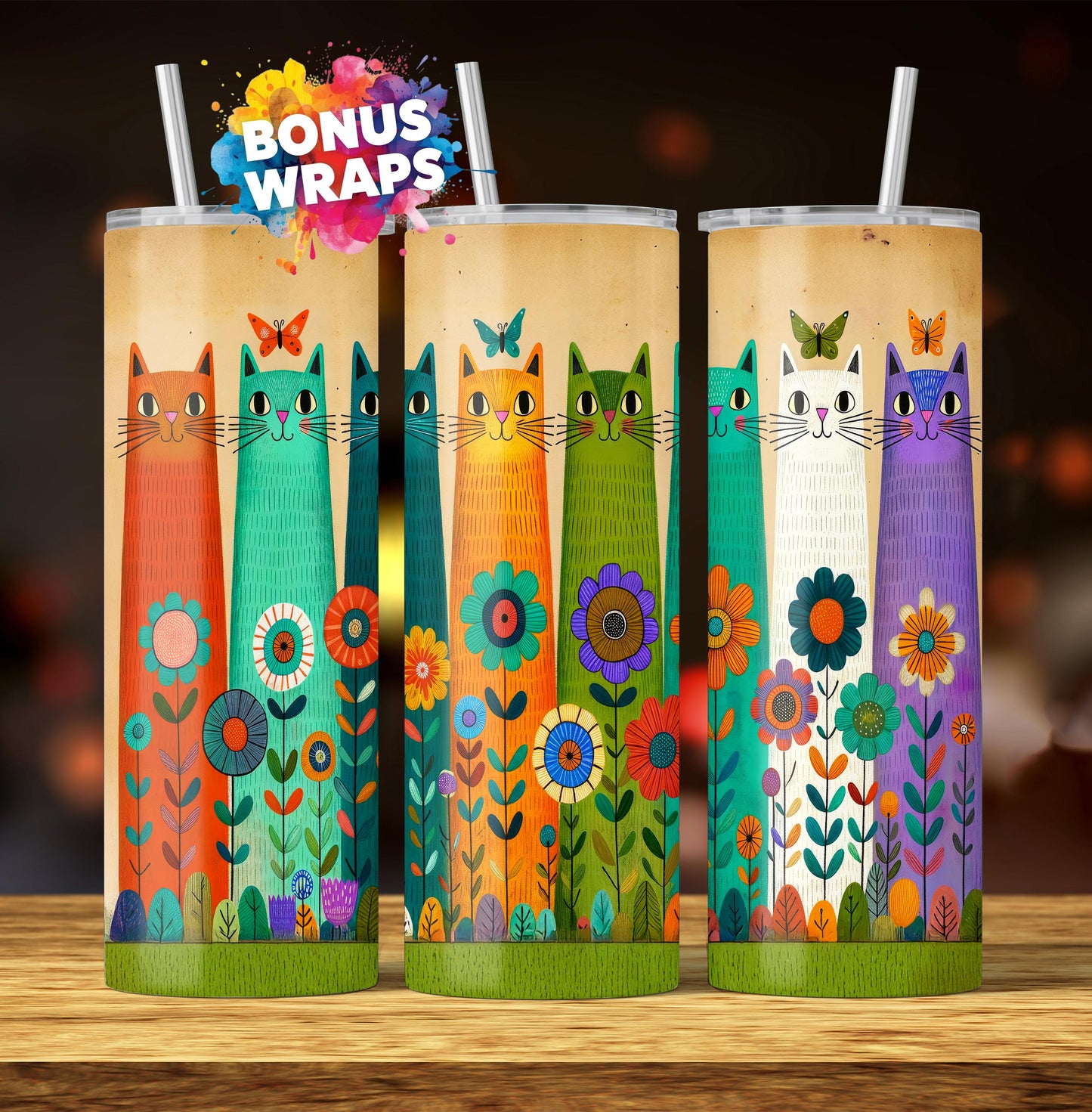 Funny Tall Cats 20oz Skinny Tumbler, Cat Lover Seamless Sublimation Design Templates, Colorful Cats Tumbler Straight PNG Digital Download