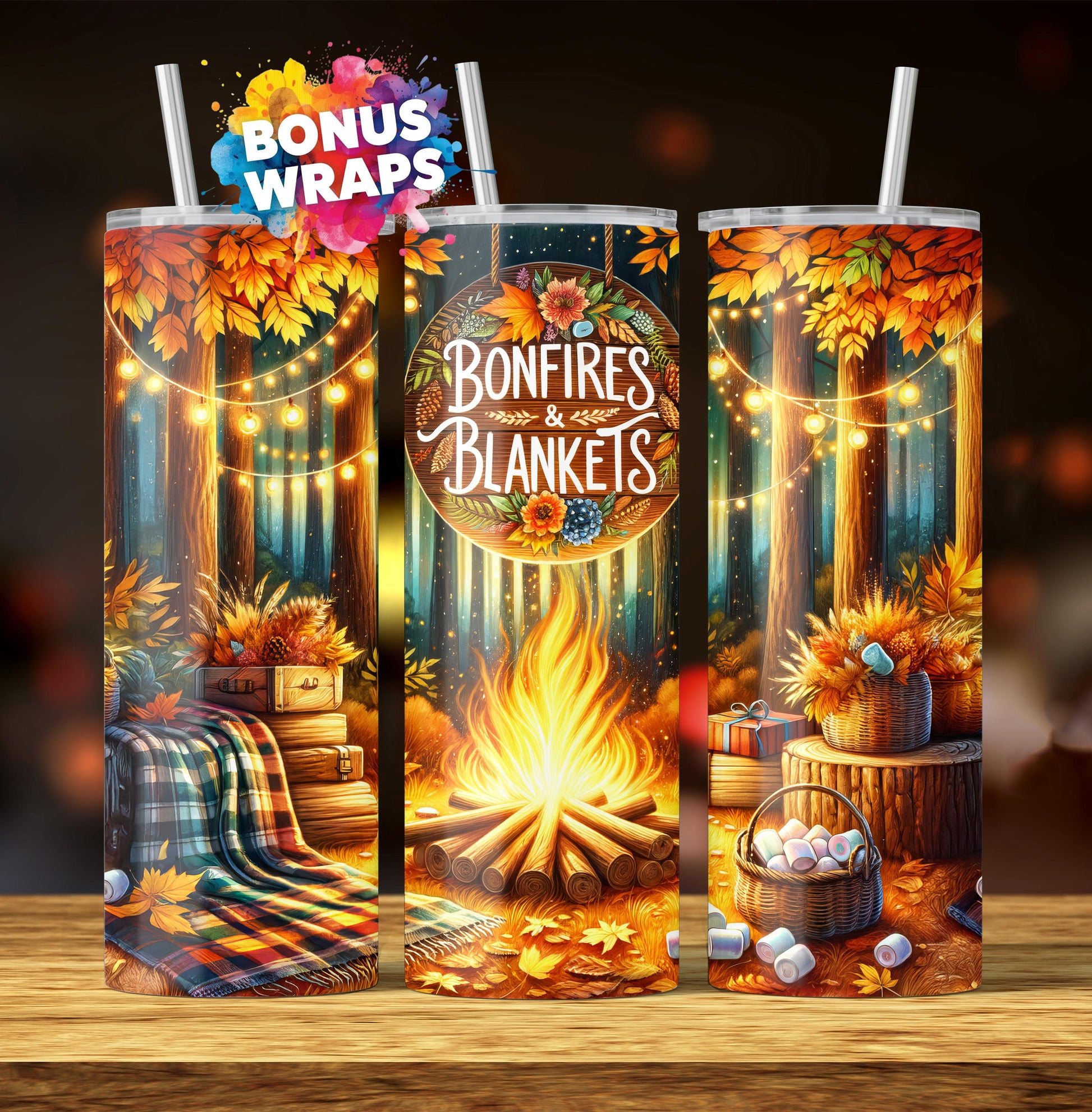 Fall Camping Bonfires & Blankets 20oz Skinny Tumbler Seamless Sublimation Design Templates, Tumbler Straight PNG Digital Download