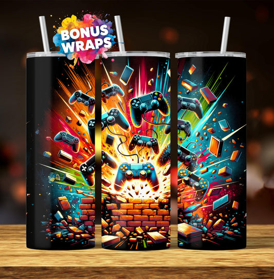 Gamer Controller png , 20 Oz Skinny Tumbler Seamless Png Sublimation, Neon Video Game Controller 20oz Tumbler Wrap Png Digital Download