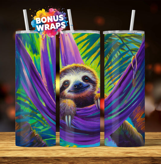 Sloth Hanging In Tree, 20oz Skinny Tumbler Wrap, Seamless Cute Sloth Sublimation Design PNG, Sloth Design Sublimation