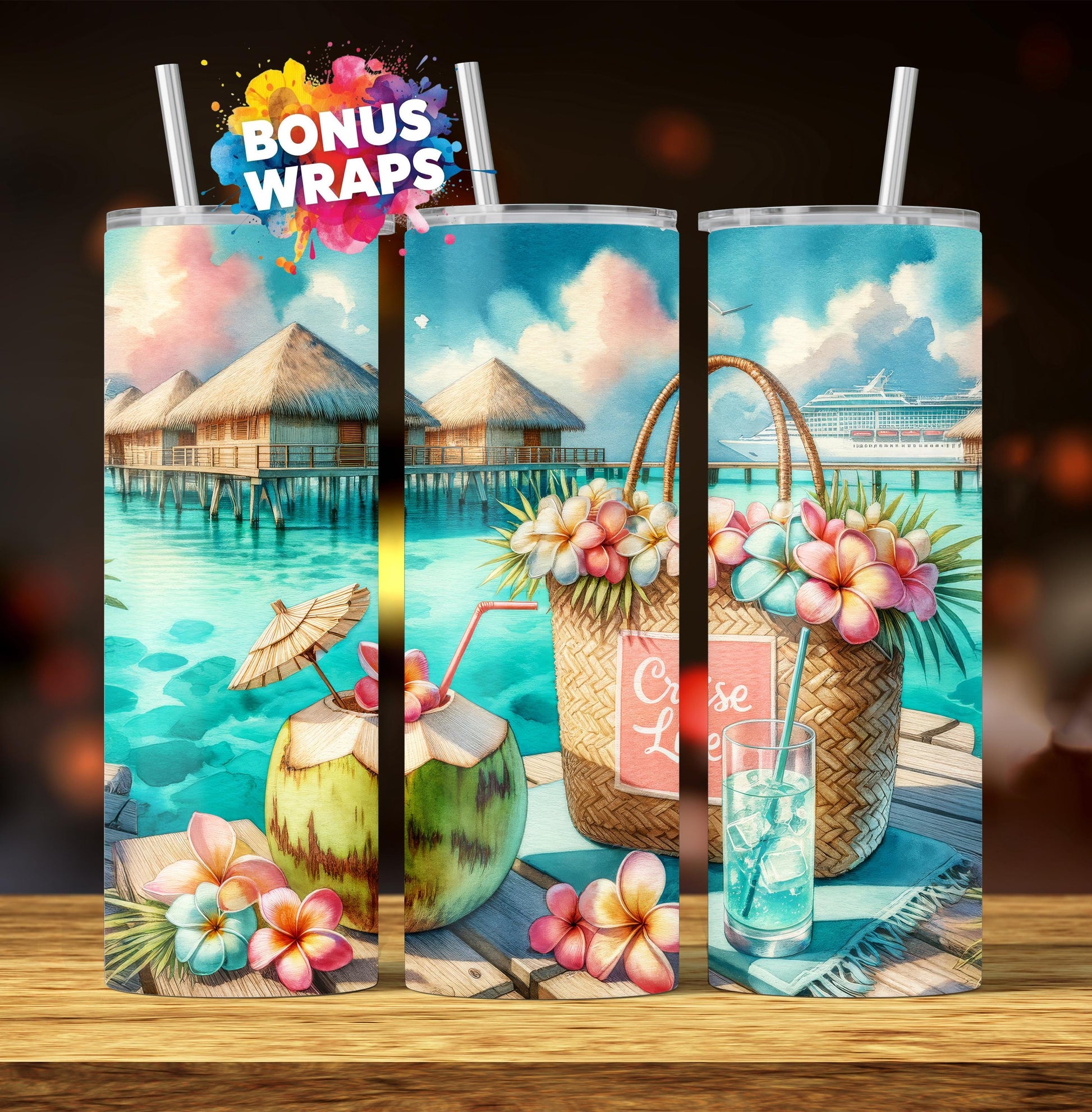 Cruise Time Tumbler Wrap, 20 oz Skinny Tumbler PNG Bali Cruise Life Vacation Sublimation Design, Seamless Wrap, Digital Download