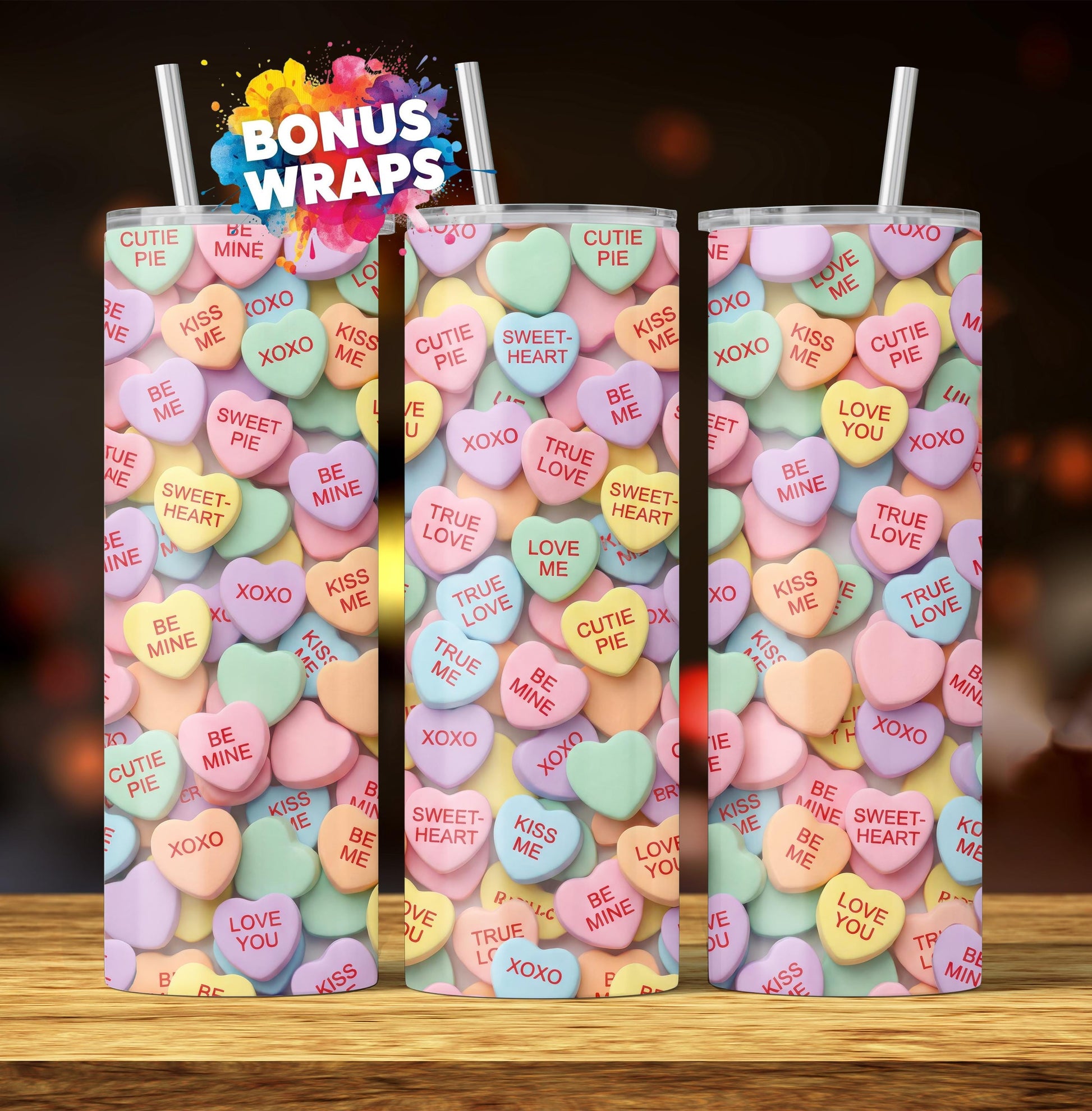 Conversation Hearts Valentines , 20oz Skinny Tumbler Wrap , Seamless Sublimation Tumbler Design, 20oz Skinny Tumbler Sublimation Design PNG