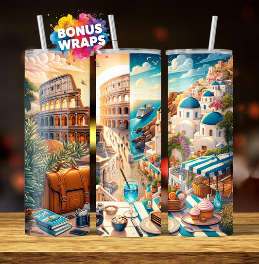 Cruise Time 20 oz Skinny Tumbler Wrap, Seamless Italy Greece Split Cruise Life Vacation Sublimation Design, Digital Download