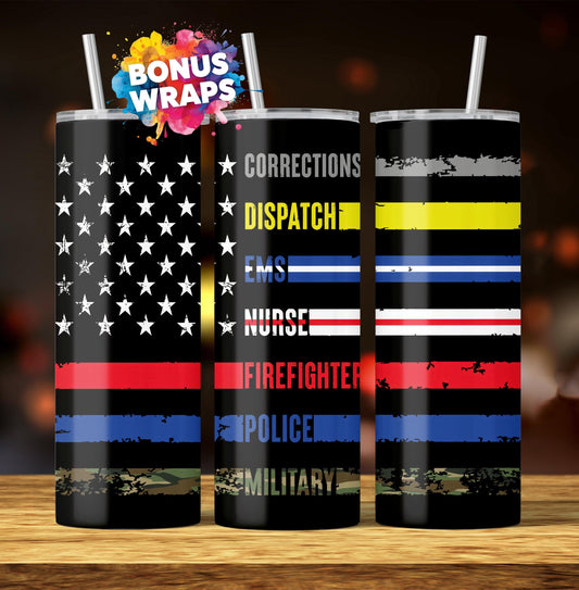 Solidarity Support Military, Police, Firefighter, Nurse, EMS American Flag 20oz Skinny Tumbler Seamless Sublimation, PNG Digital Download
