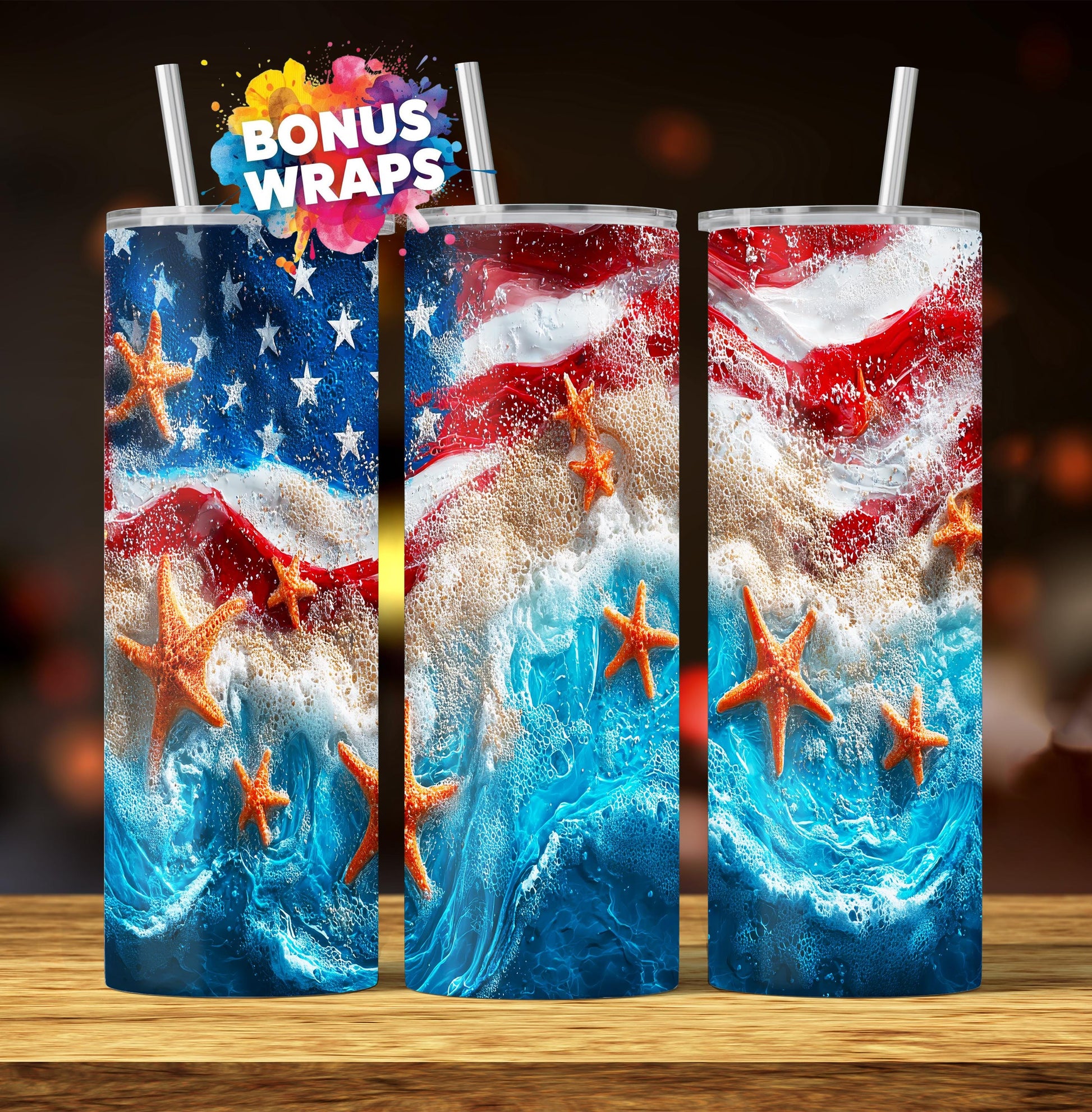 American Flag Starfish Beach 20oz Skinny Tumbler Wrap, Seamless Sublimation, Digital Download PNG, July 4th, Labor Day, Red White and Blue