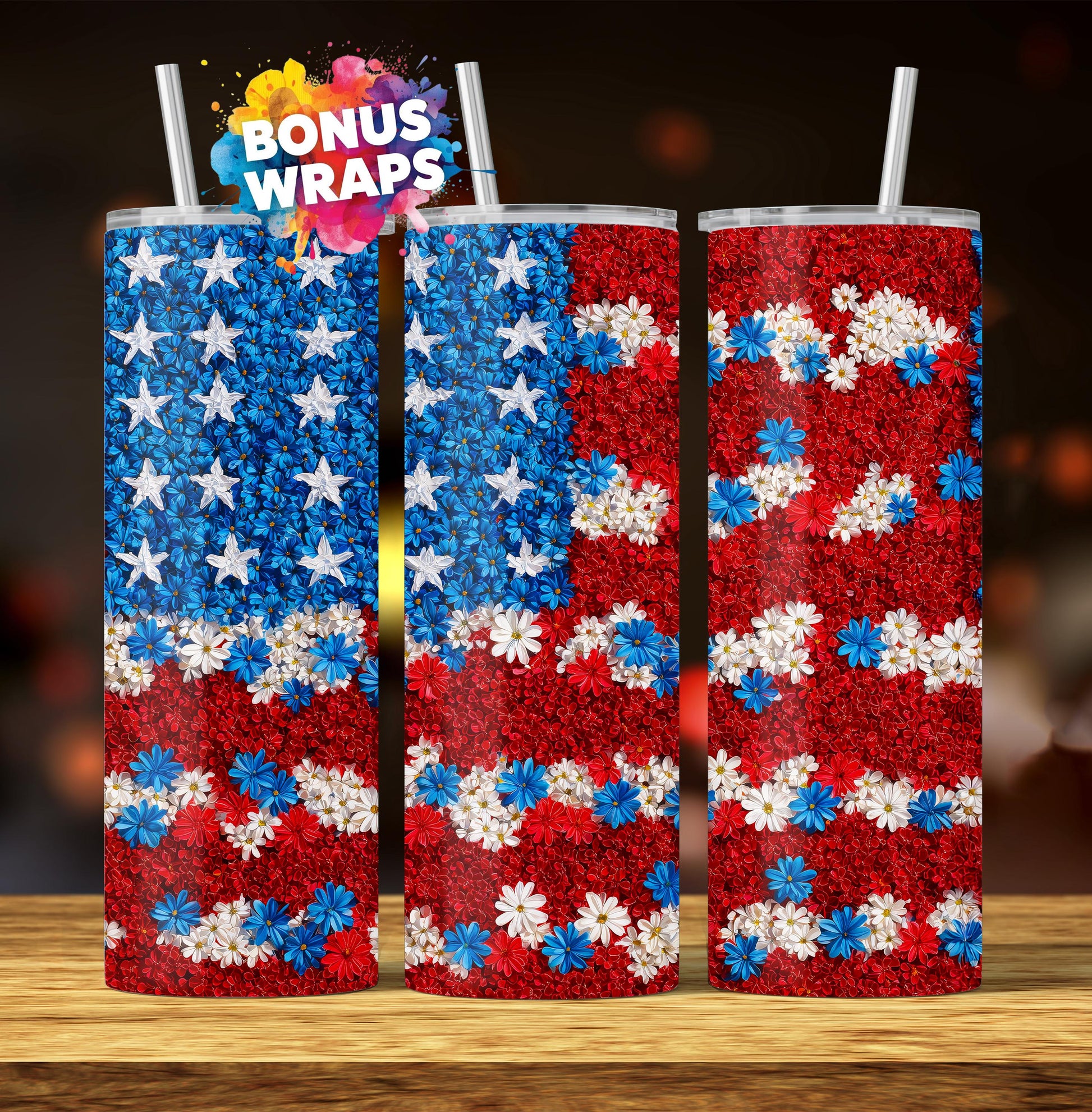 Spring Flowers American Flag 20oz Skinny Tumbler Seamless American Flag, 4th of July Sublimation Templates,PNG Digital Download