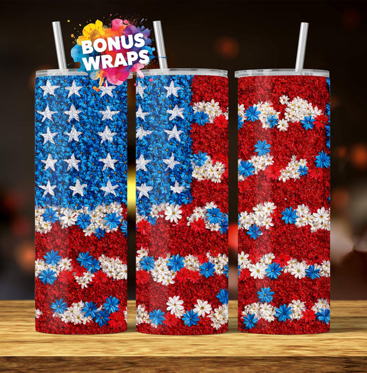 Spring Flowers American Flag 20oz Skinny Tumbler Seamless American Flag, 4th of July Sublimation Templates,PNG Digital Download