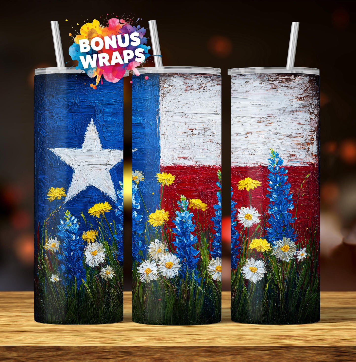 Texas State Flag 20oz Skinny Tumbler Seamless, Bluebonnet Flowers Rustic Texas Sublimation Templates, PNG Digital Download