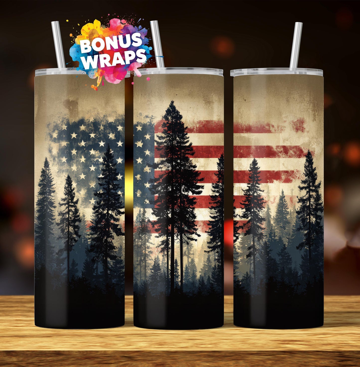 Wilderness Landscape American Flag 20oz Skinny Tumbler Seamless, Patriotic American Flag, Sublimation ,PNG Digital Download, 2 Variations