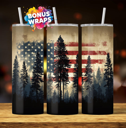 Wilderness Landscape American Flag 20oz Skinny Tumbler Seamless, Patriotic American Flag, Sublimation ,PNG Digital Download, 2 Variations