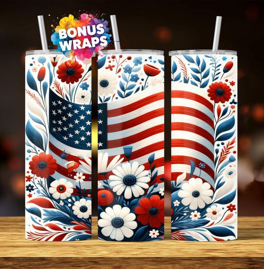 Spring Flowers American Flag 20oz Skinny Tumbler Wrap Patriotic Red White Blue Seamless 4th of July Sublimation Digital Download