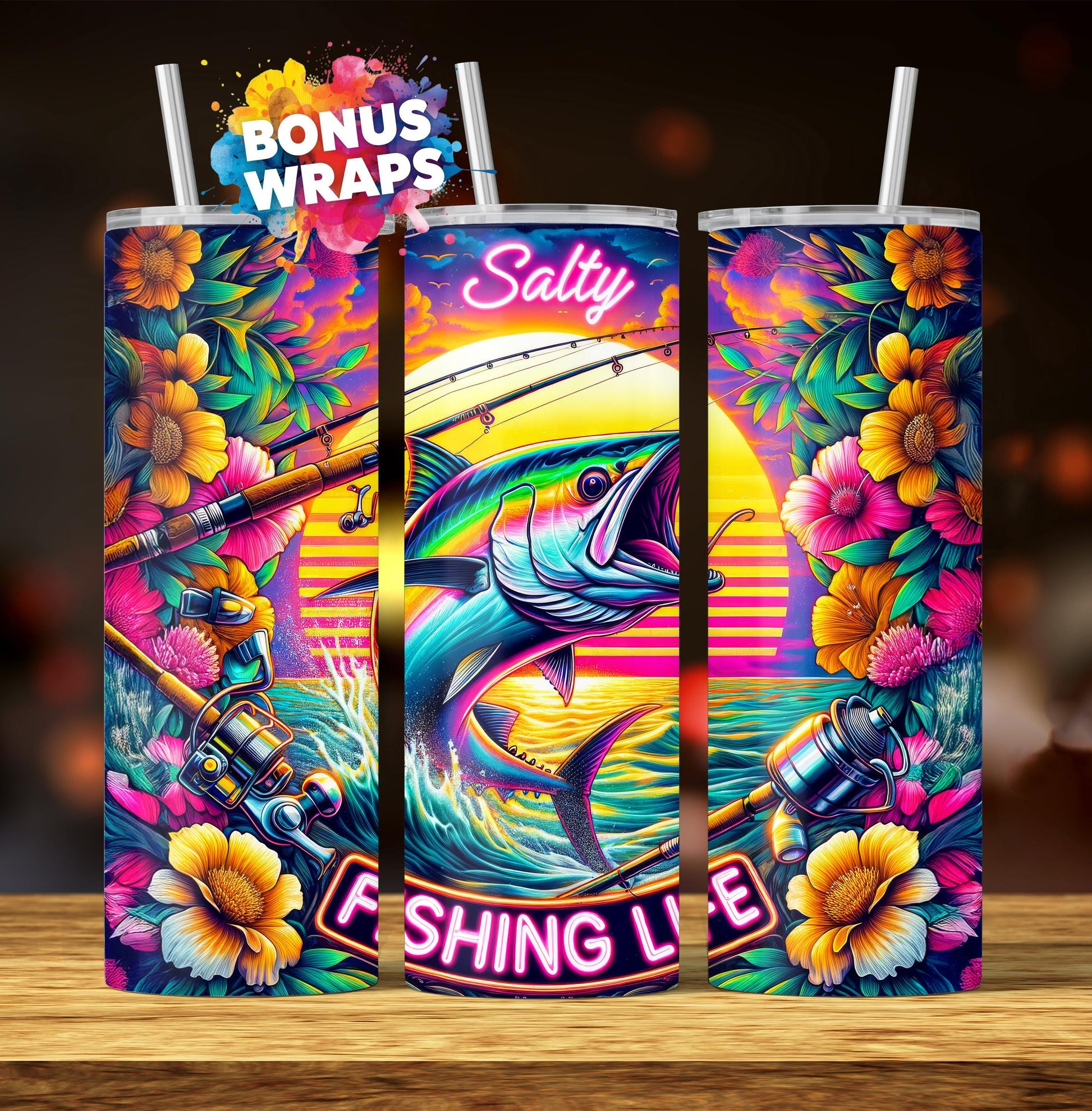Saltwater Fishing 20 oz Skinny Tumbler Wrap Seamless Deep Sea Fishing Sublimation Design Template Digital Download
