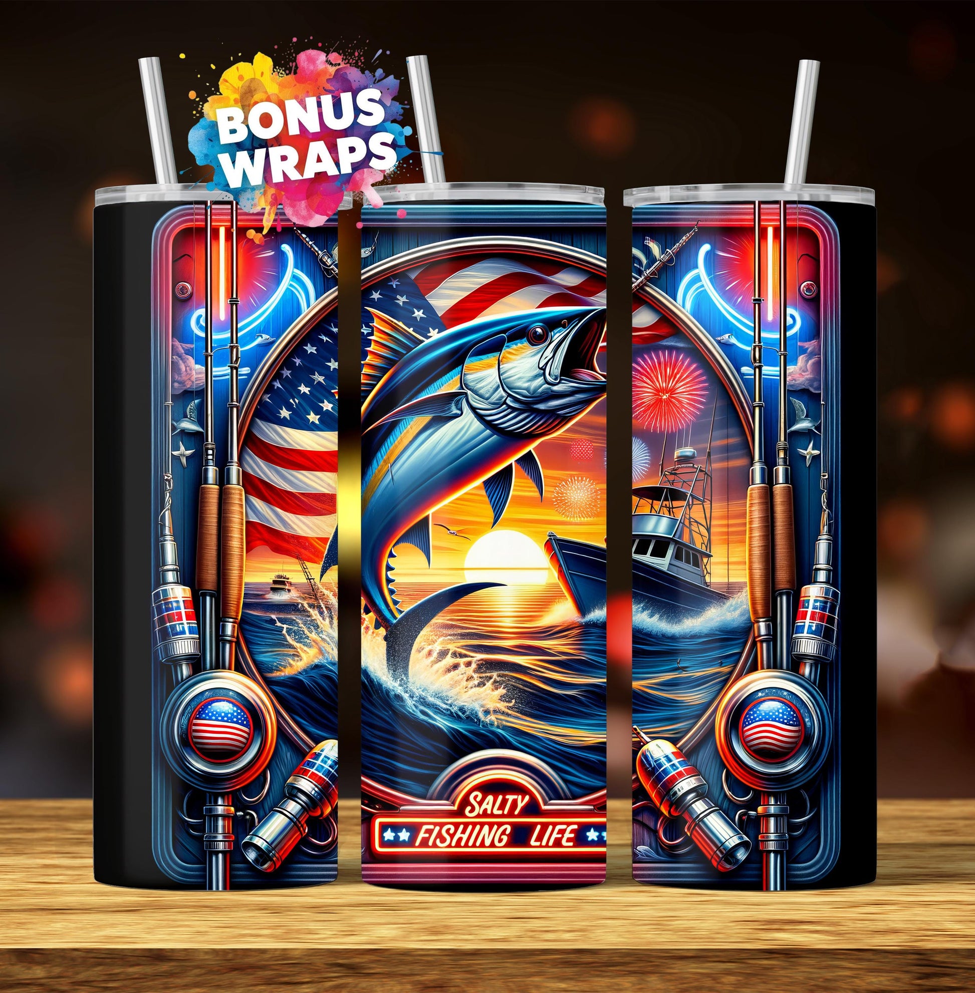 Saltwater Fishing 20 oz Skinny Tumbler Wrap Seamless Deep Sea Fishing Sublimation Design Template Digital Download
