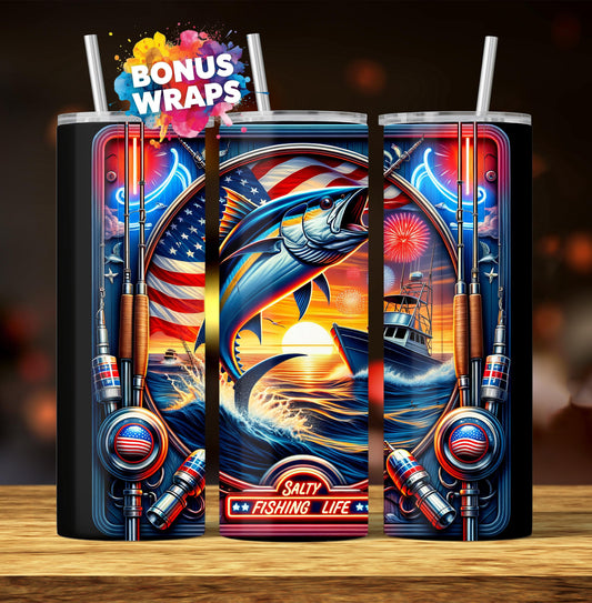 Saltwater Fishing 20 oz Skinny Tumbler Wrap Seamless Deep Sea Fishing Sublimation Design Template Digital Download