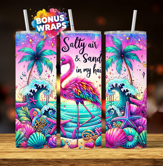Caribbean Flamingo 20 oz Skinny Tumbler Wrap, Salt In The Air Sand In My Hair Seamless Sublimation Design, PNG Digital Download