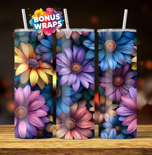 3D Daisy Flowers 20oz Tumbler Wrap Png Tumbler, Rainbow Spring Floral Tumbler Seamless Sublimation Design