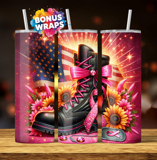 Pink Ribbon Awareness Military 20oz Skinny Tumbler Seamless Breast Cancer Patriotic Sublimation Design Digital Download PNG, American Flag