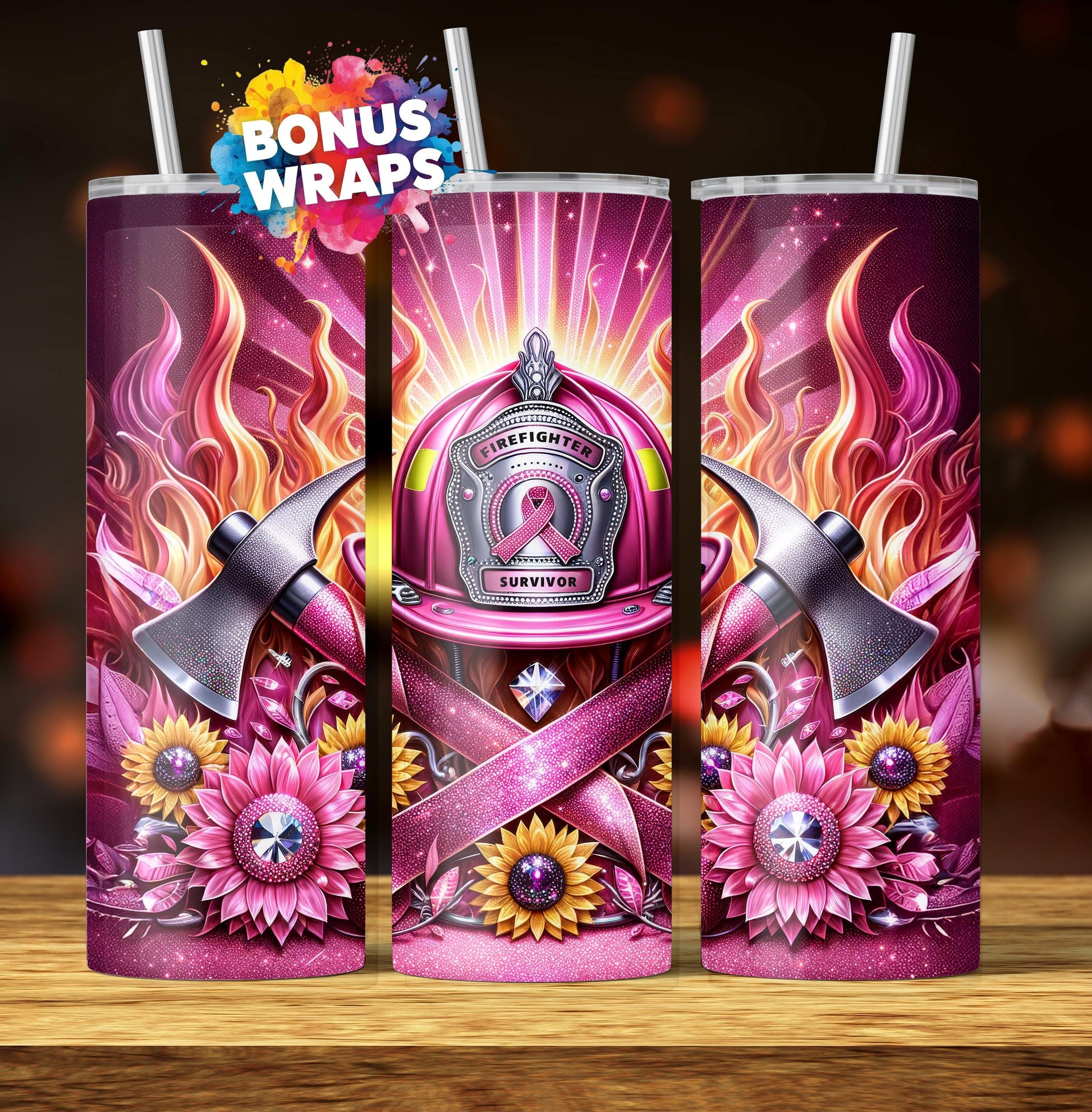 Pink Ribbon Awareness Firefighter 20oz Skinny Tumbler Seamless Breast Cancer Sunflowers Sublimation Design Digital Download PNG