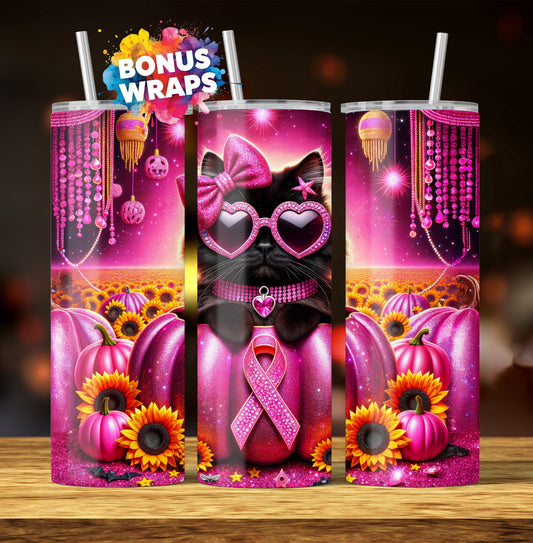 Breast Cancer Pink Ribbon Halloween 20oz Skinny Tumbler Wrap, Black Cat Sunflowers Seamless Sublimation Design Digital Download PNG Instant