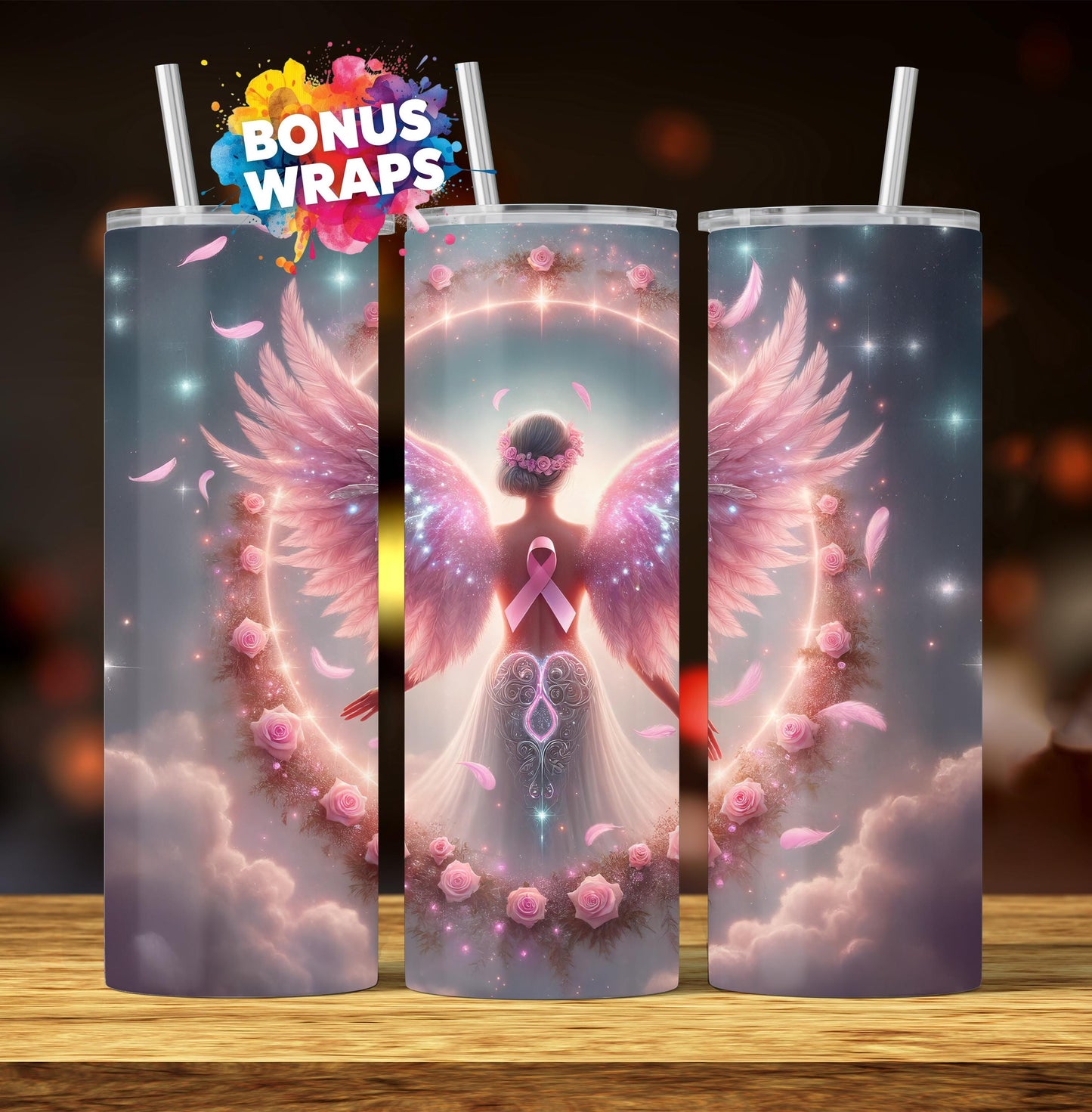 Pink Ribbon Awareness 20 oz Skinny Tumbler Wrap Breast Cancer Angel Seamless Sublimation Design Digital Download PNG