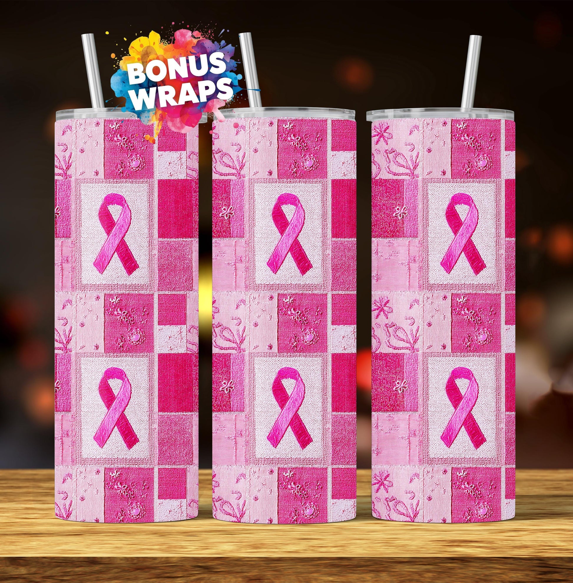 Pink Ribbon Awareness Patchwork Quilt, 20oz Skinny Tumbler Wrap Seamless Breast Cancer Sublimation Design, Digital Download PNG