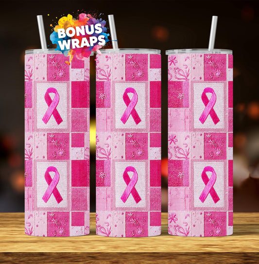 Pink Ribbon Awareness Patchwork Quilt, 20oz Skinny Tumbler Wrap Seamless Breast Cancer Sublimation Design, Digital Download PNG