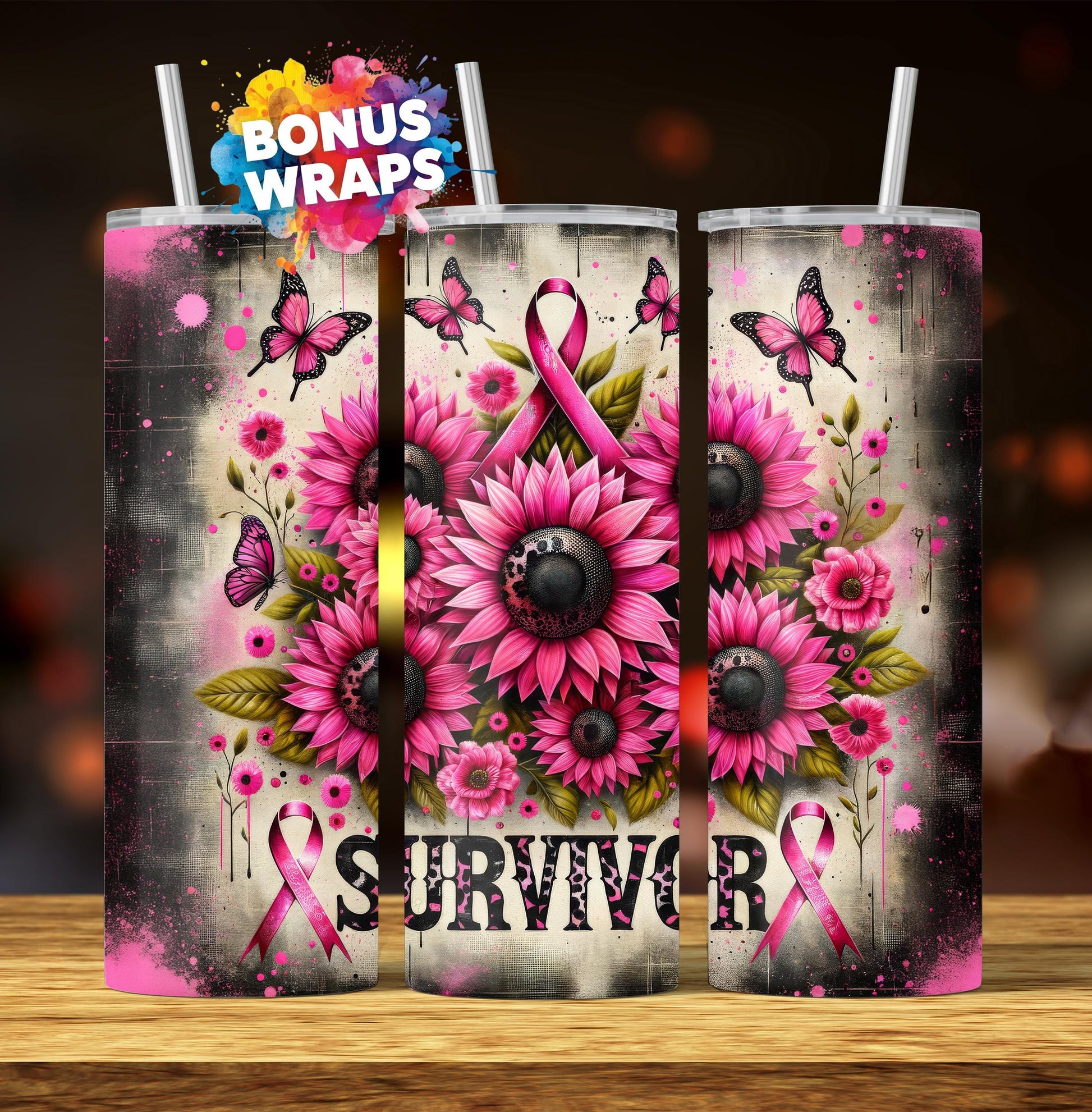 Breast Cancer Survivor 20 oz Skinny Tumbler Seamless Sublimation Design Digital Download PNG, Pink Ribbon Awareness Tumbler