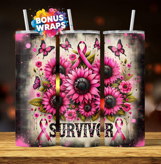 Breast Cancer Survivor 20 oz Skinny Tumbler Seamless Sublimation Design Digital Download PNG, Pink Ribbon Awareness Tumbler