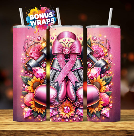 Breast Cancer Pink Ribbon Boxing Workout Sports 20oz Skinny Tumbler Wrap Seamless Sublimation Design, Glam Sparkle Digital Download PNG