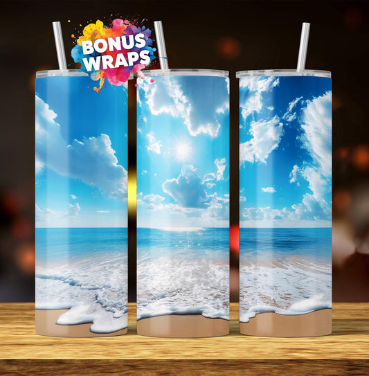 Beach Sunrise 20oz Skinny Tumbler Sublimation Templates, Tropical Ocean Scene Seamless Straight PNG Digital Download