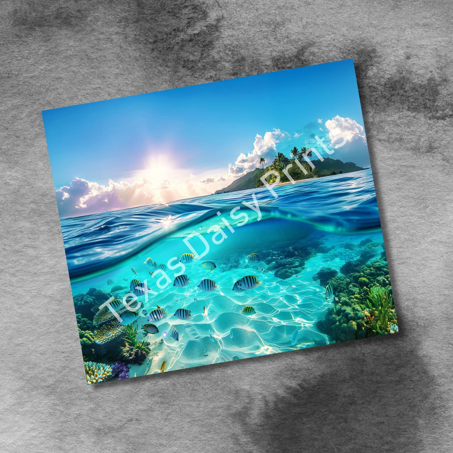 Tropical Ocean Sunrise 20oz Skinny Tumbler Wrap Sublimation Templates, Tropical Fish Underwater Seamless Straight PNG Digital Download