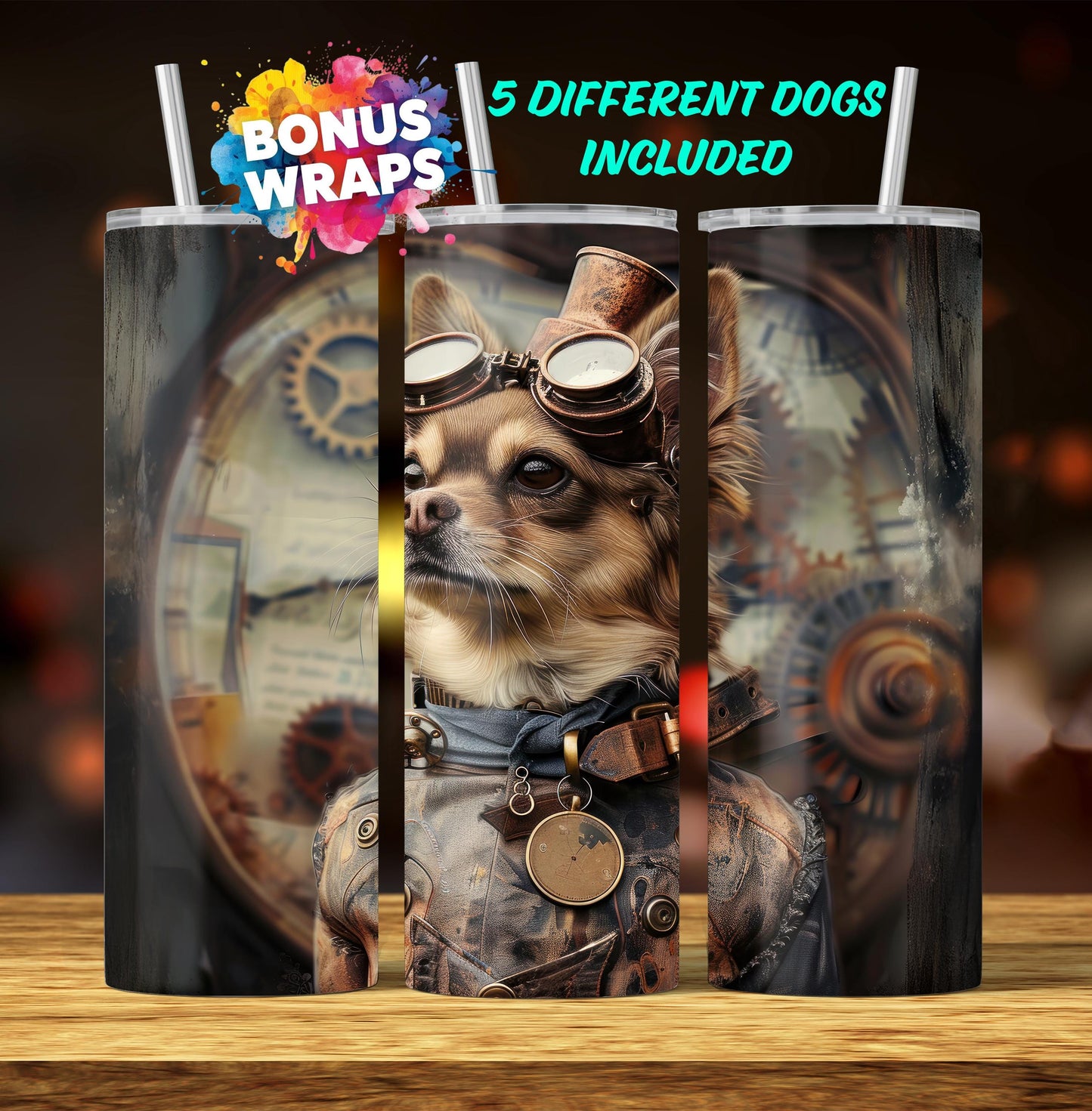 Steampunk Dogs 20oz Skinny Tumbler Wrap, Vintage Dog Seamless Sublimation Design Templates, Tumbler Straight PNG Digital Download