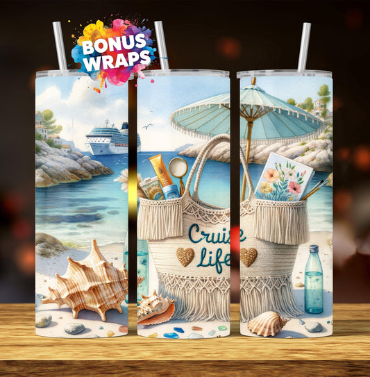Cruise Time Tumbler Wrap, 20 oz Skinny Tumbler Wrap, Caribbean Cruise Life Vacation Sublimation Design, Seamless Wrap, Digital Download