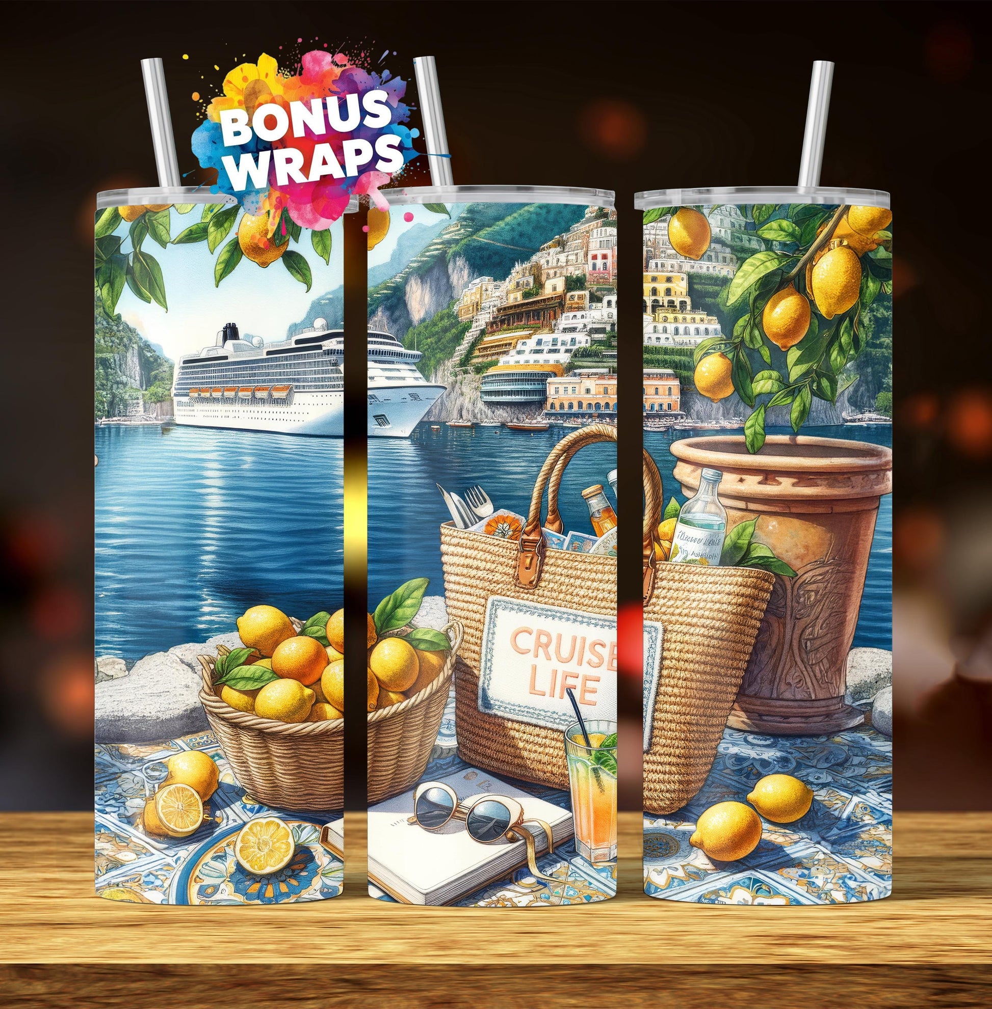 Cruise Time Tumbler Wrap, 20 oz Skinny Tumbler Wrap Mediterranean Cruise Life Vacation Sublimation Design, Seamless Wrap, Digital Download
