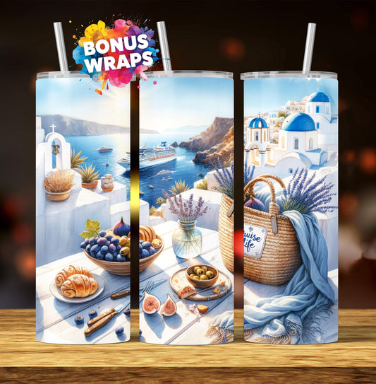 Cruise Time Tumbler Wrap, 20 oz Skinny Tumbler Wrap Mediterranean Cruise Life Vacation Sublimation Design, Seamless Wrap, Digital Download