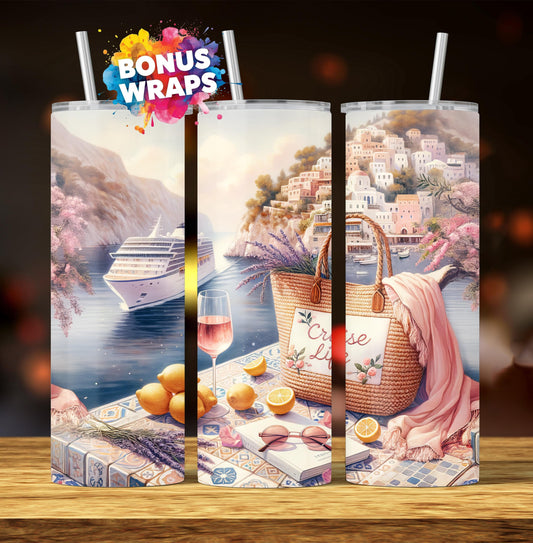 Cruise Time Tumbler Wrap, 20 oz Skinny Tumbler Wrap Mediterranean Cruise Life Vacation Sublimation Design, Seamless Wrap, Digital Download