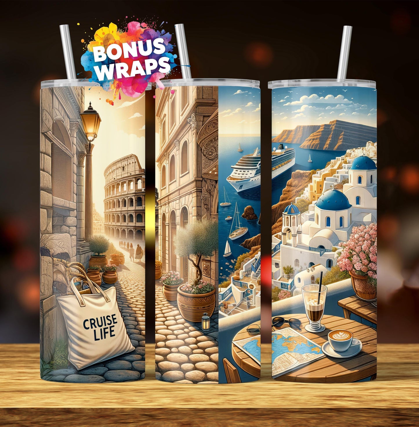 Cruise Time Tumbler Wrap, 20 oz Skinny Tumbler PNG Italy Greece Split Cruise Life Vacation Sublimation Design, Digital Download