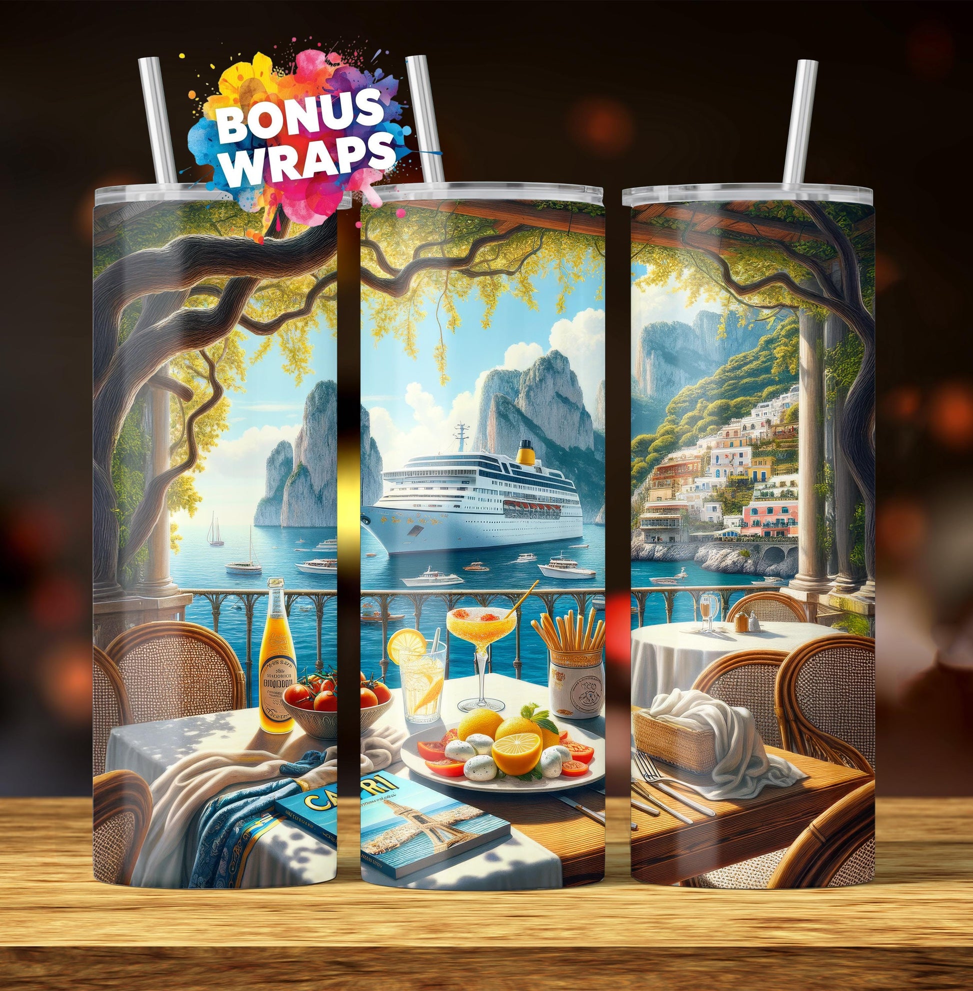 Cruise Time Tumbler Wrap, 20 oz Skinny Tumbler Wrap Italy Capri Cruise Life Vacation Sublimation Design, Seamless Wrap, Digital Download