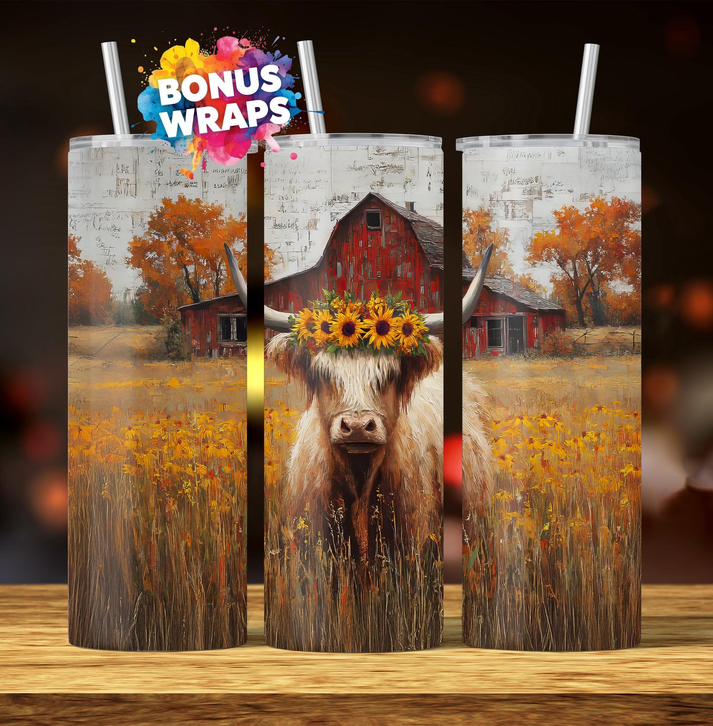 Western Highland Cow, 20 oz Tumbler Wrap Seamless Sunflower Barn Sublimation Tumbler Design, Cow Lover Tumbler Seamless