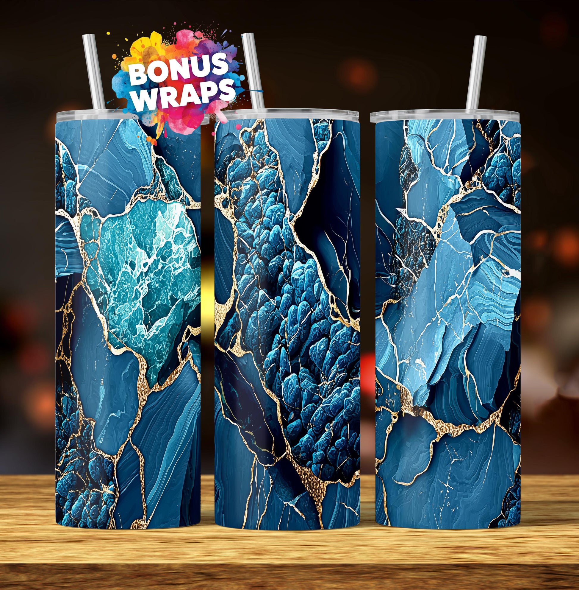 Marble 20oz Skinny Tumbler Wrap, Blue Gold Marble Seamless Sublimation Design Templates, Girly Tumbler PNG Digital Download