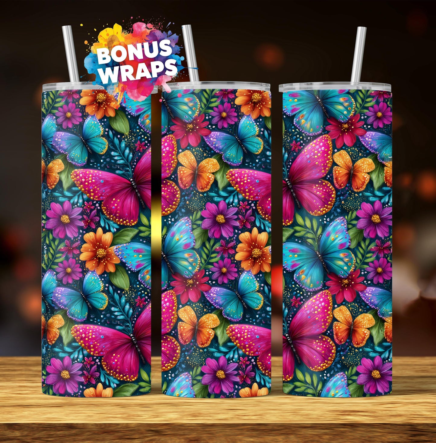 Butterflies 20oz Skinny Tumbler Wrap Png, Seamless Spring Flowers Tumbler Png Floral 20 Oz Tumbler Png Sublimation Design