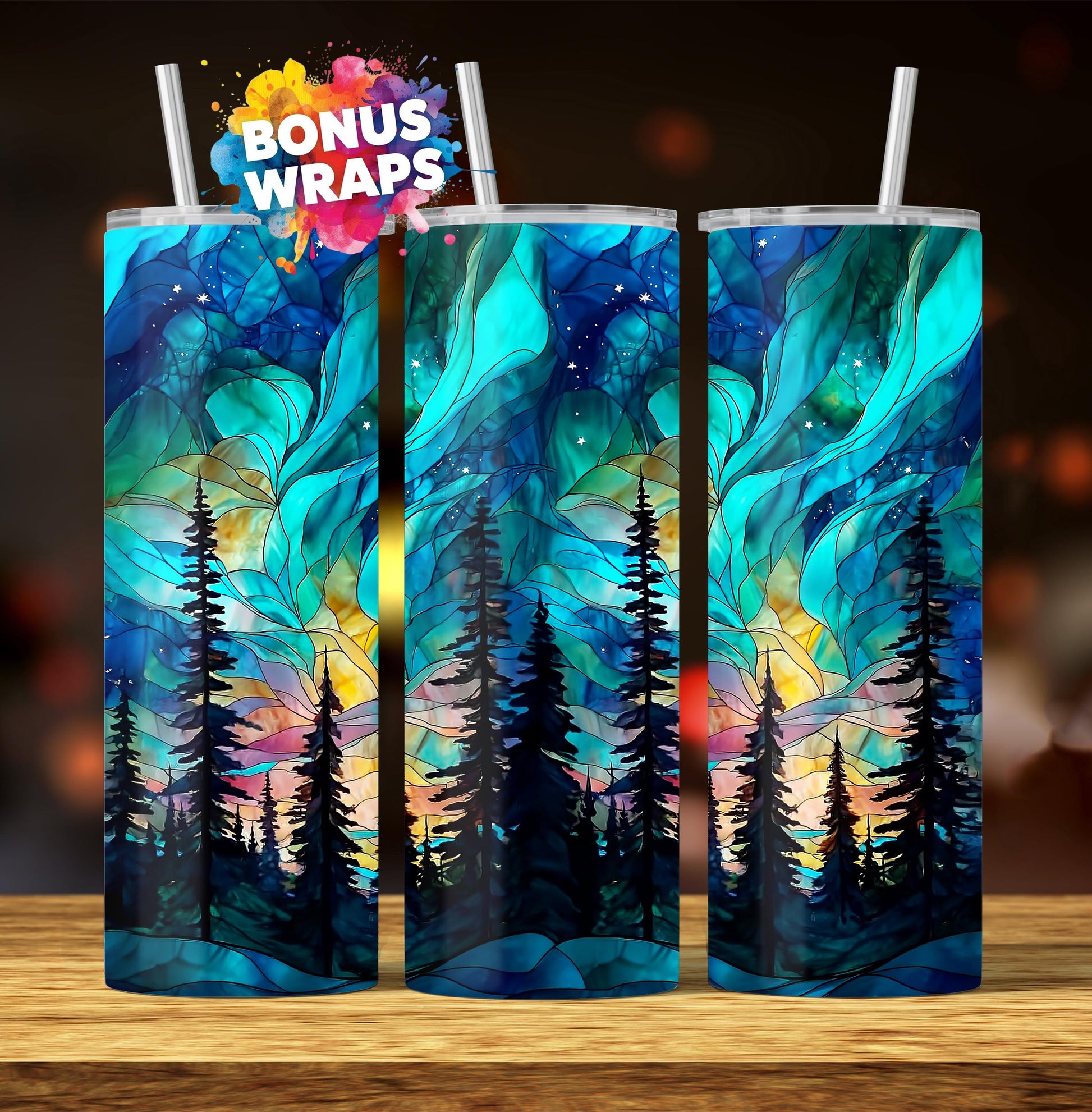 3D Northern Lights 20oz Tumbler Wrap Png Tumbler, Forest CampingTumbler Seamless Sublimation Design