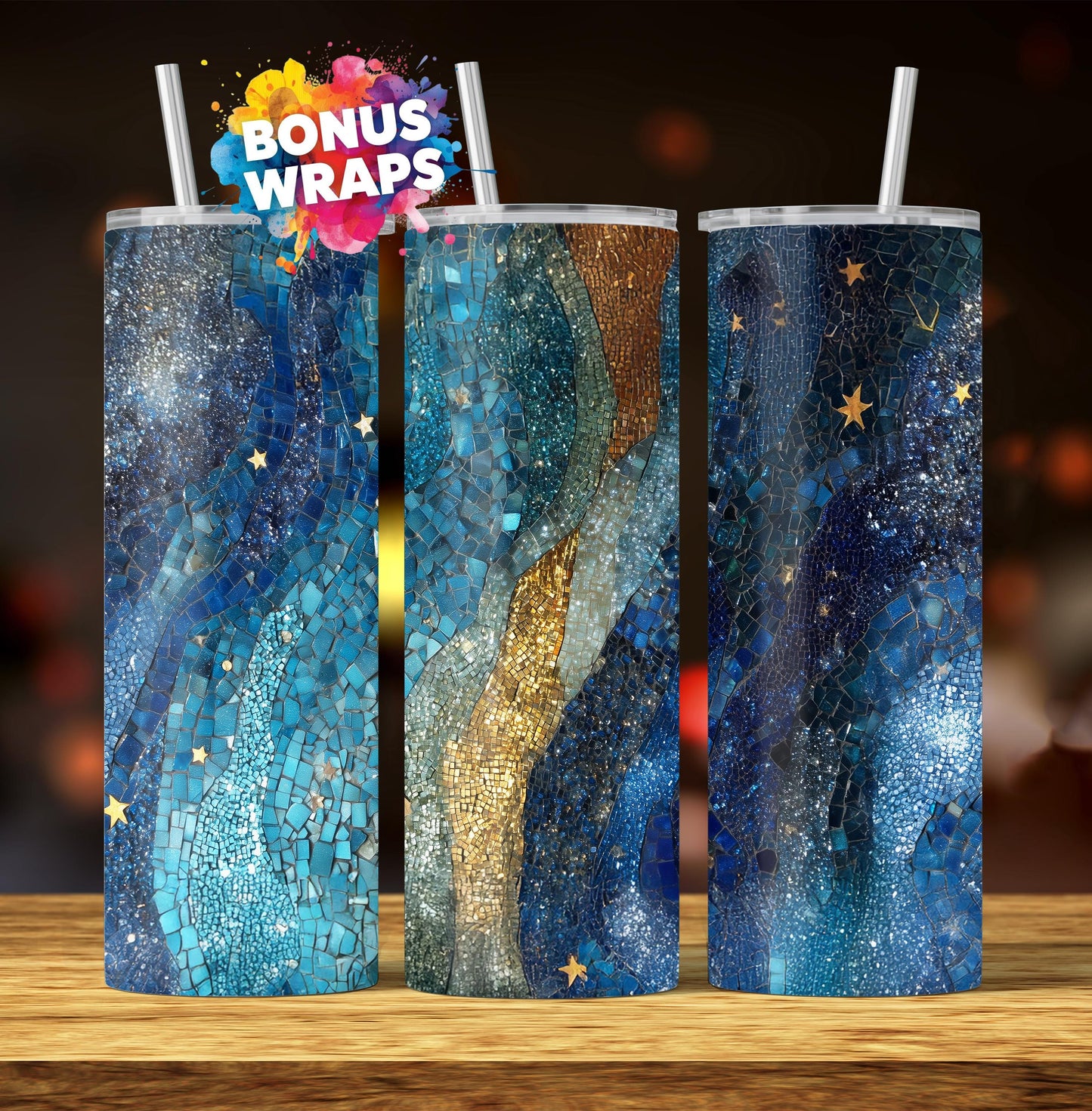 Mosaic Glitter 20oz Skinny Tumbler Wrap, Blue Gold Marble Seamless Sublimation Design Templates, Girly Tumbler PNG Digital Download