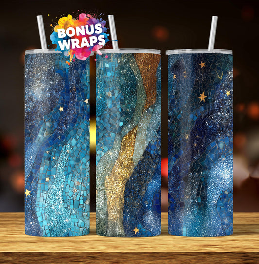 Mosaic Glitter 20oz Skinny Tumbler Wrap, Blue Gold Marble Seamless Sublimation Design Templates, Girly Tumbler PNG Digital Download