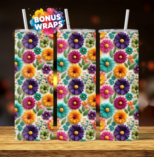 Spring Flowers Embroidery 20oz Skinny Tumbler Wrap, Seamless Wild Flowers Tumbler Wrap, 20 Oz Tumbler Png Sublimation Design
