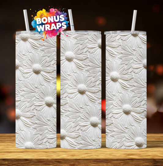 3D Spring Flowers White Daisy 20oz Skinny Tumbler Wrap, Seamless Embossed Spring Floral Sublimation Design