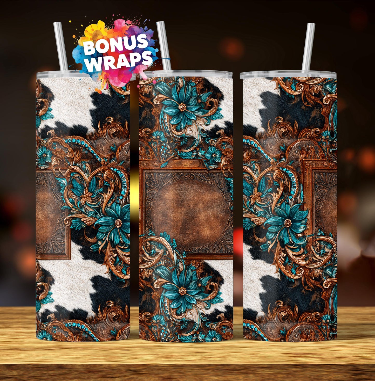 Western Patchwork Leather and Cow Hide 20oz Skinny Tumbler Wrap, Seamless Country Western Sublimation Tumbler PNG Designs