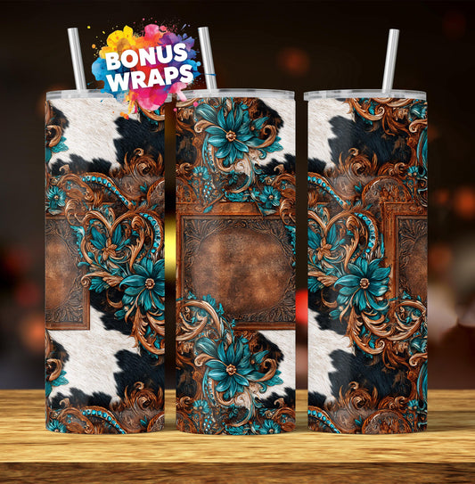 Western Patchwork Leather and Cow Hide 20oz Skinny Tumbler Wrap, Seamless Country Western Sublimation Tumbler PNG Designs