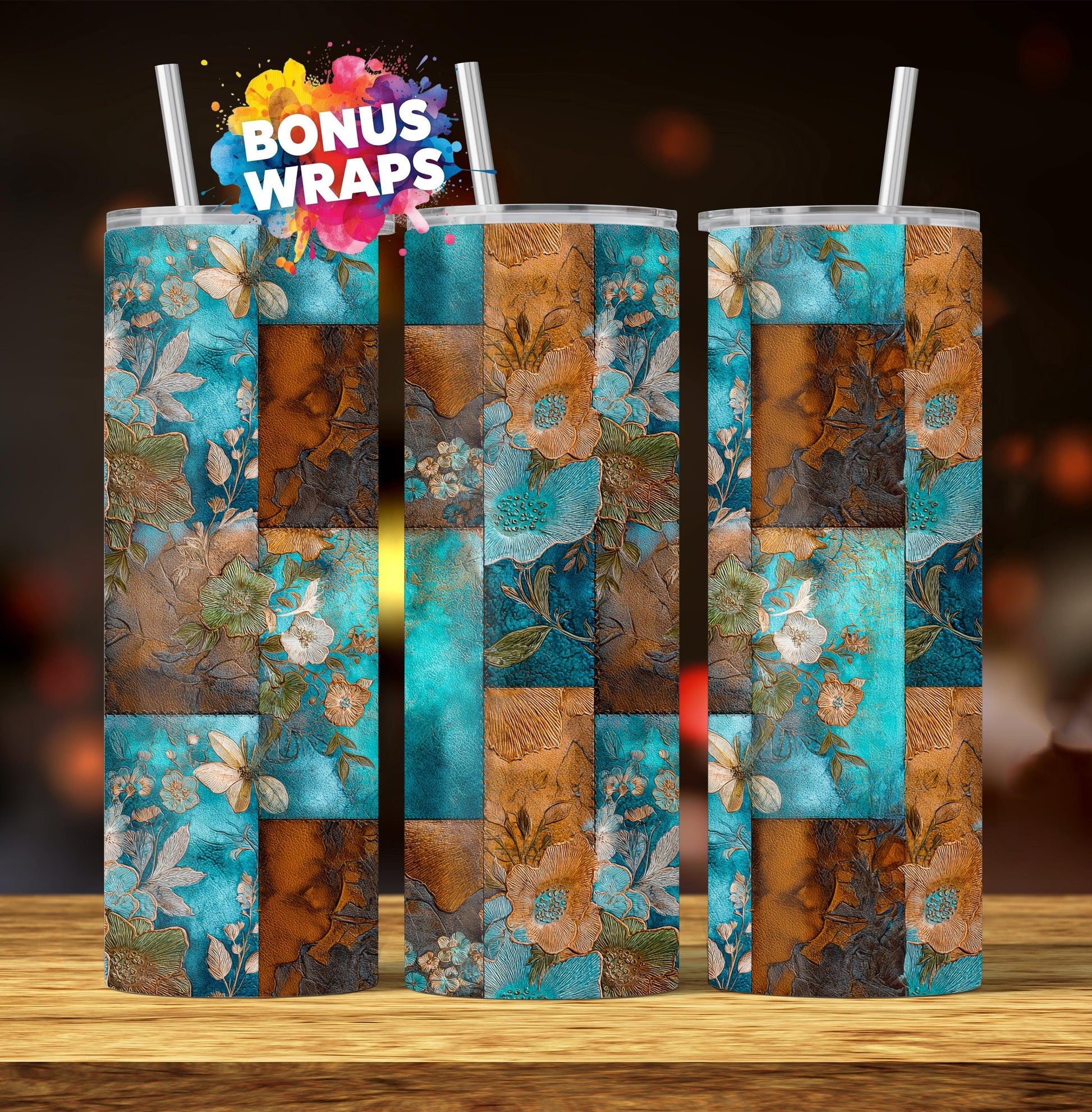 Western Patchwork Leather and Cow Hide 20oz Skinny Tumbler Wrap, Seamless Spring Flowers Country Western Sublimation Tumbler PNG Designs